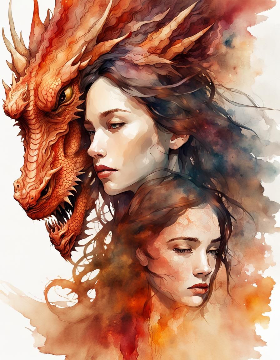 Double Exposure Dragon and Woman in Watercolor Style