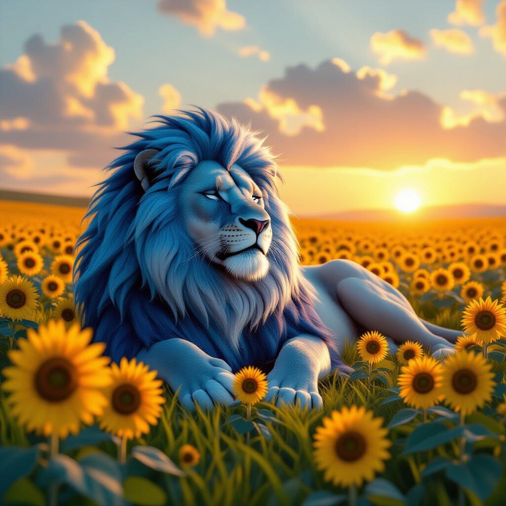 Relaxed Blue Lion in Sunflower Field at Golden Hour