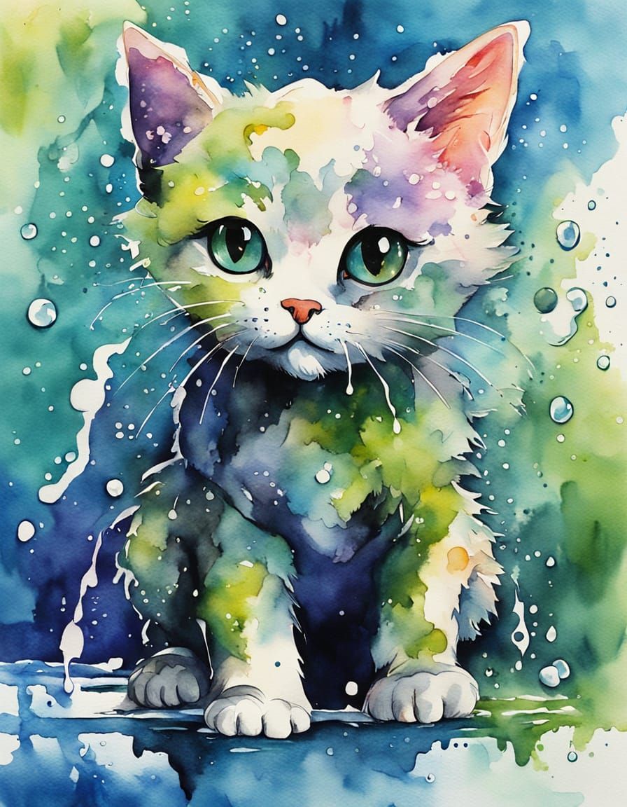 Whimsical Chibi Kitty in Vibrant Watercolor Splashes