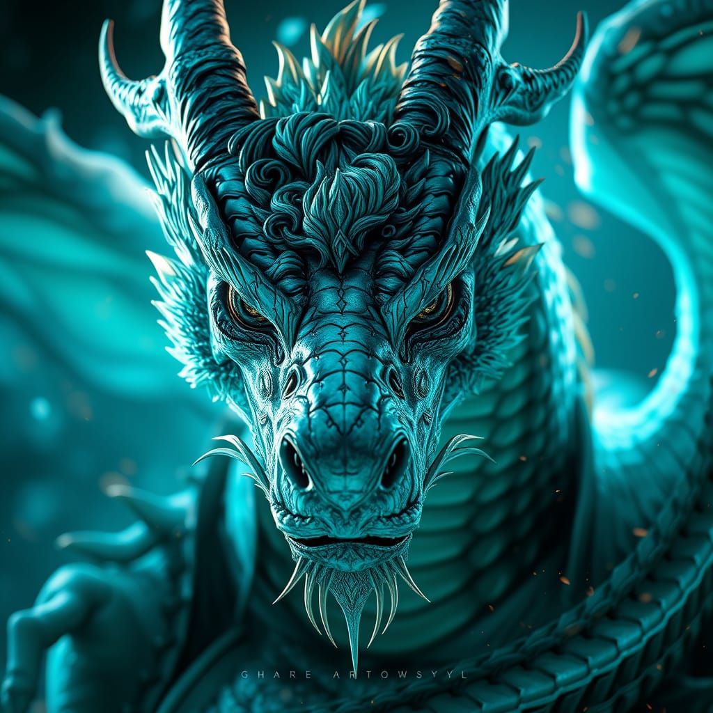 Turquoise Dragon Portrait in Hyperdetailed Splash Art Style