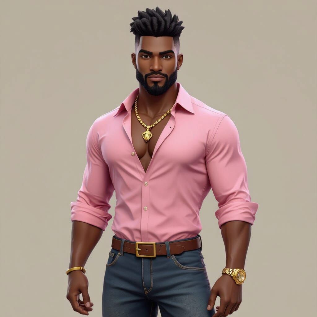 Muscular African Man with Lion Beard, Anime Hybrid 3D Style