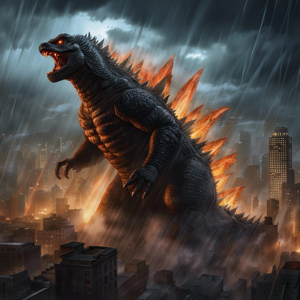 Godzilla's Fiery Rampage: Epic Dark Fantasy Art