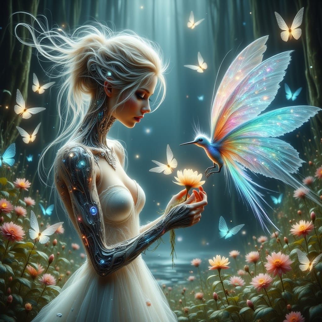 Cyberpunk Goddess Offers Ethereal Faun a Shimmering Cybernet...