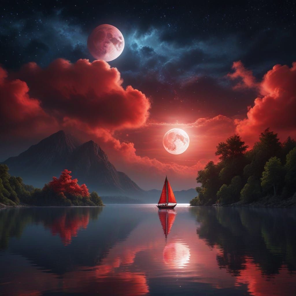 Red Sailboat Under a Blood Red Moon