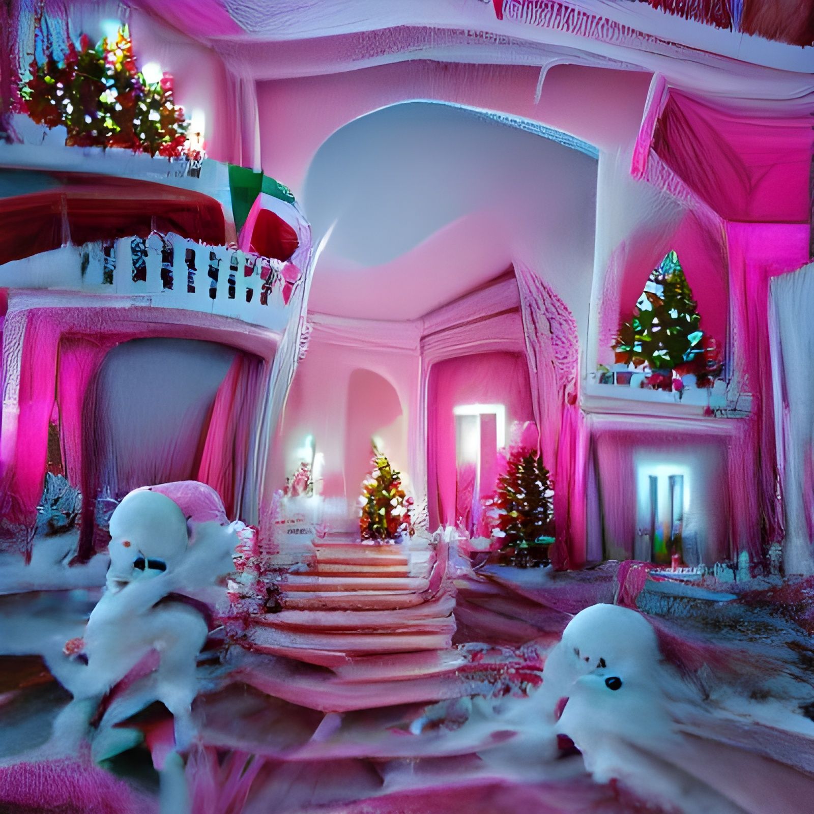 Christmas Mansion Interior in Pink, Mint, and White
