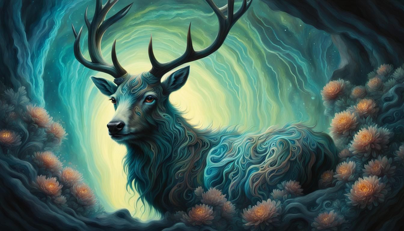 Bioluminescent Stag Portrait in a Glowing Cave