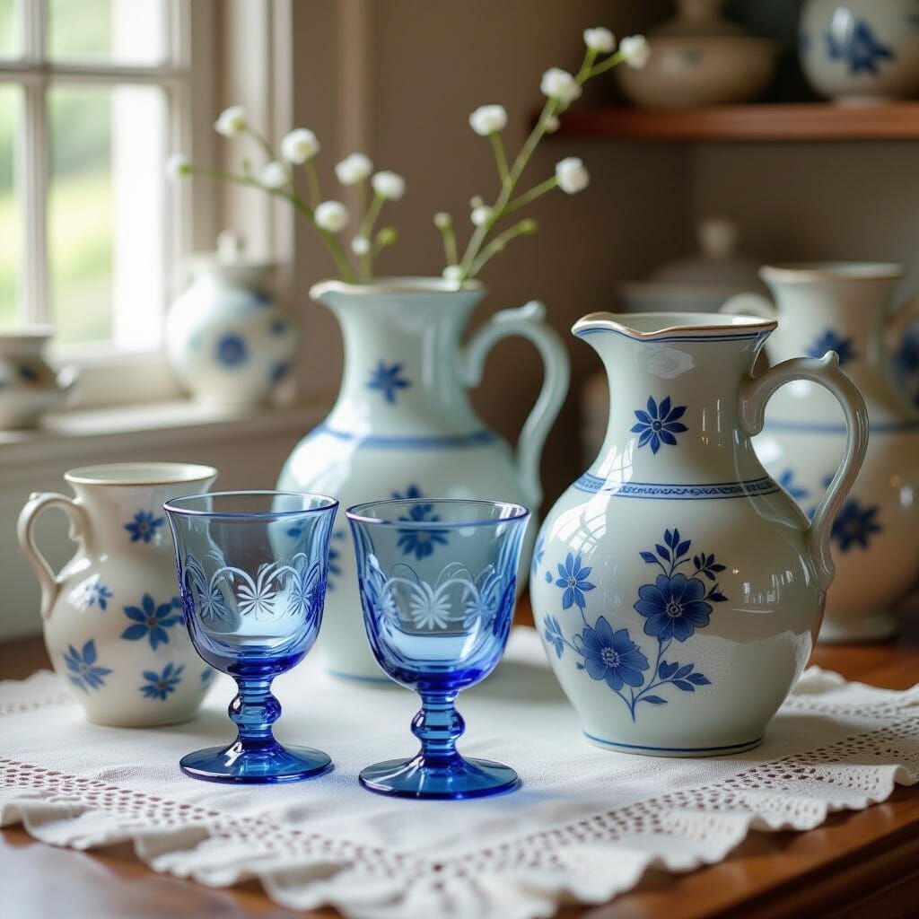 Blue Glassware Still Life in Vintage Style