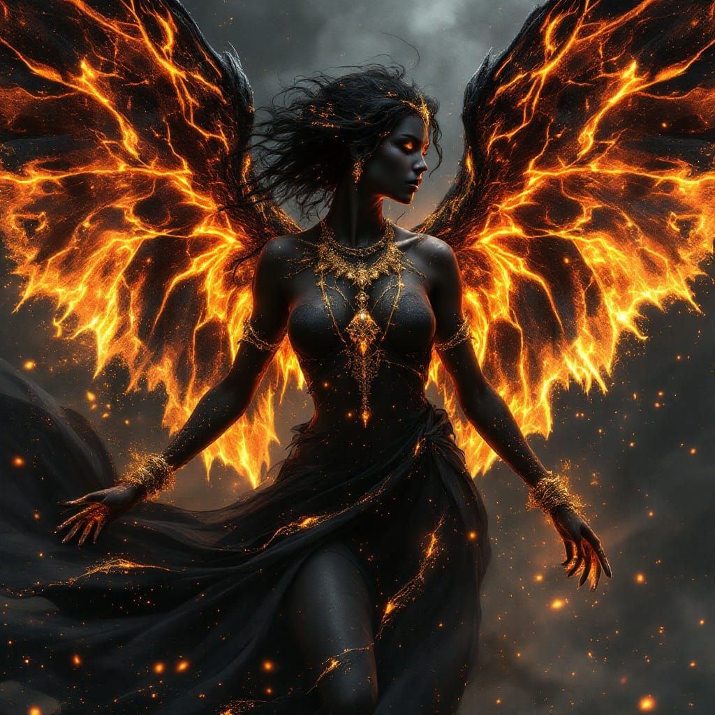 Majestic Dark Fantasy Angel in Volcanic Splendor