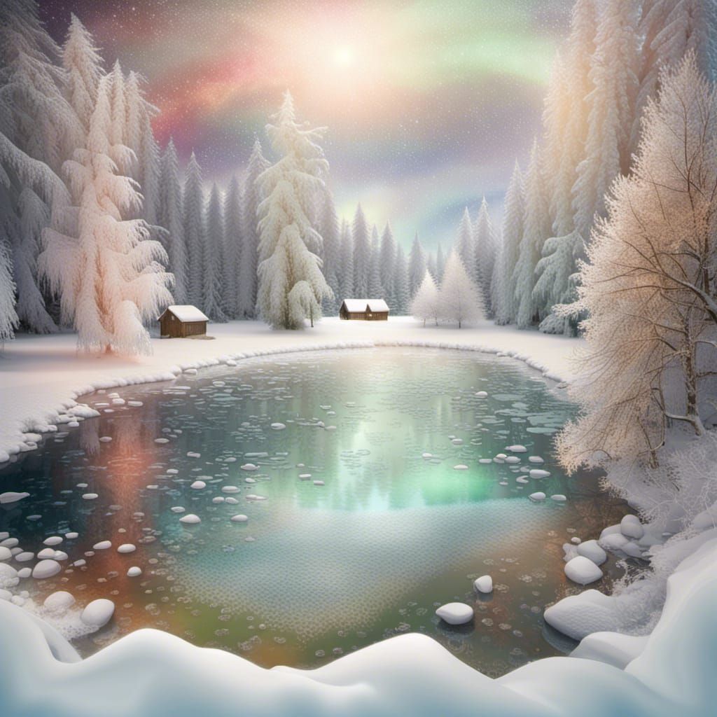 Aurora Borealis Reflected on Frozen Winter Pond