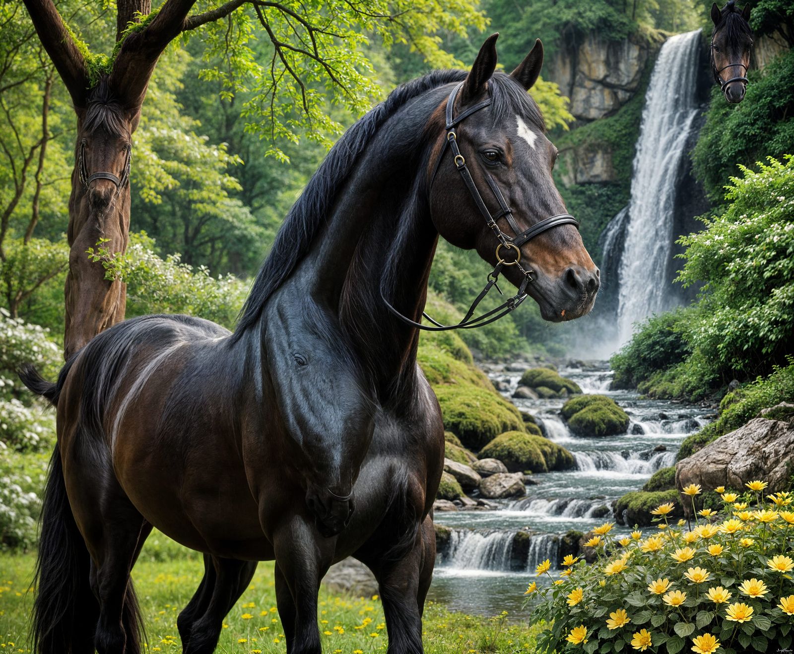 Stunning Black Arabian Stallion in Forest, Hyperrealistic Pa...