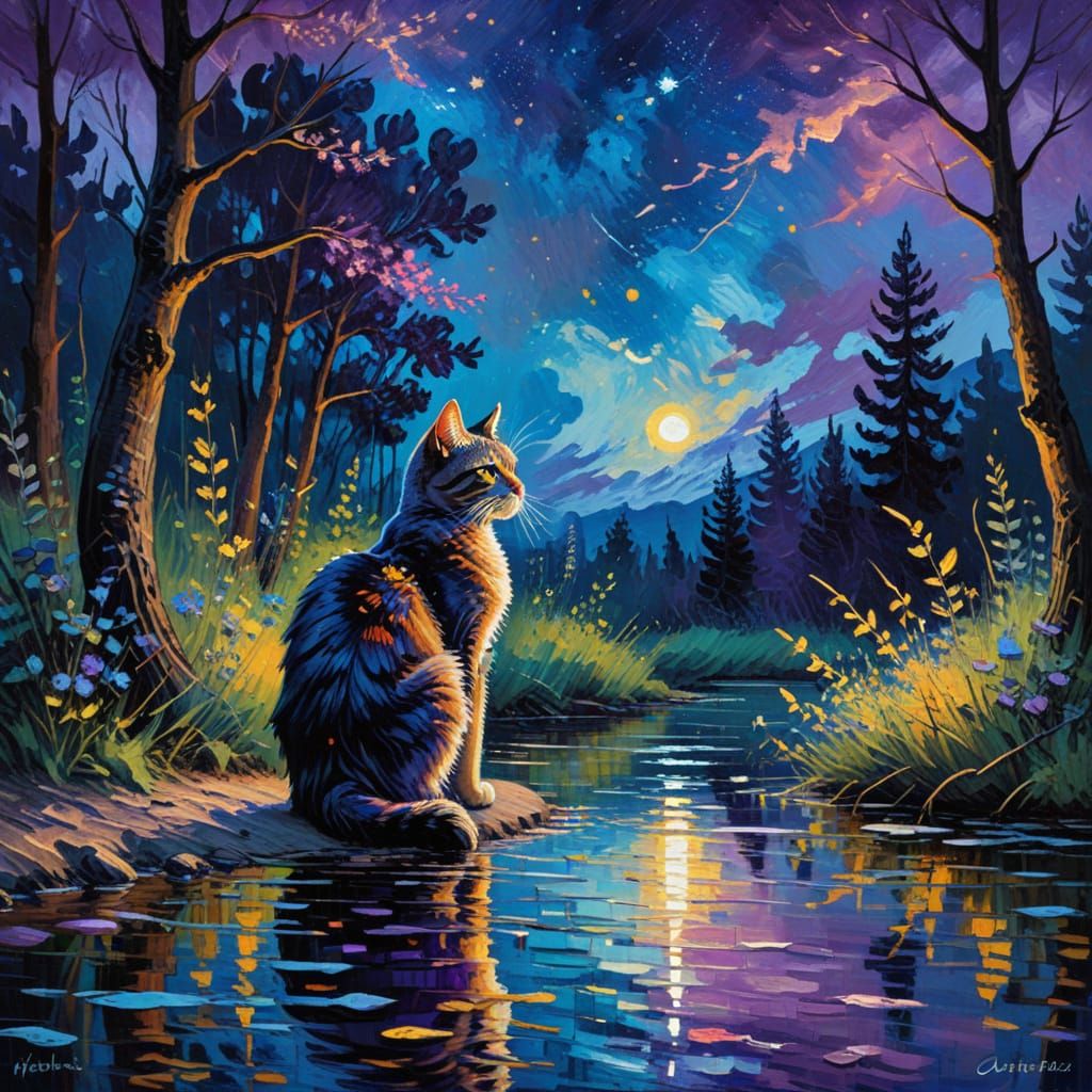 Impressionist Cat in Forest Gouache Painting