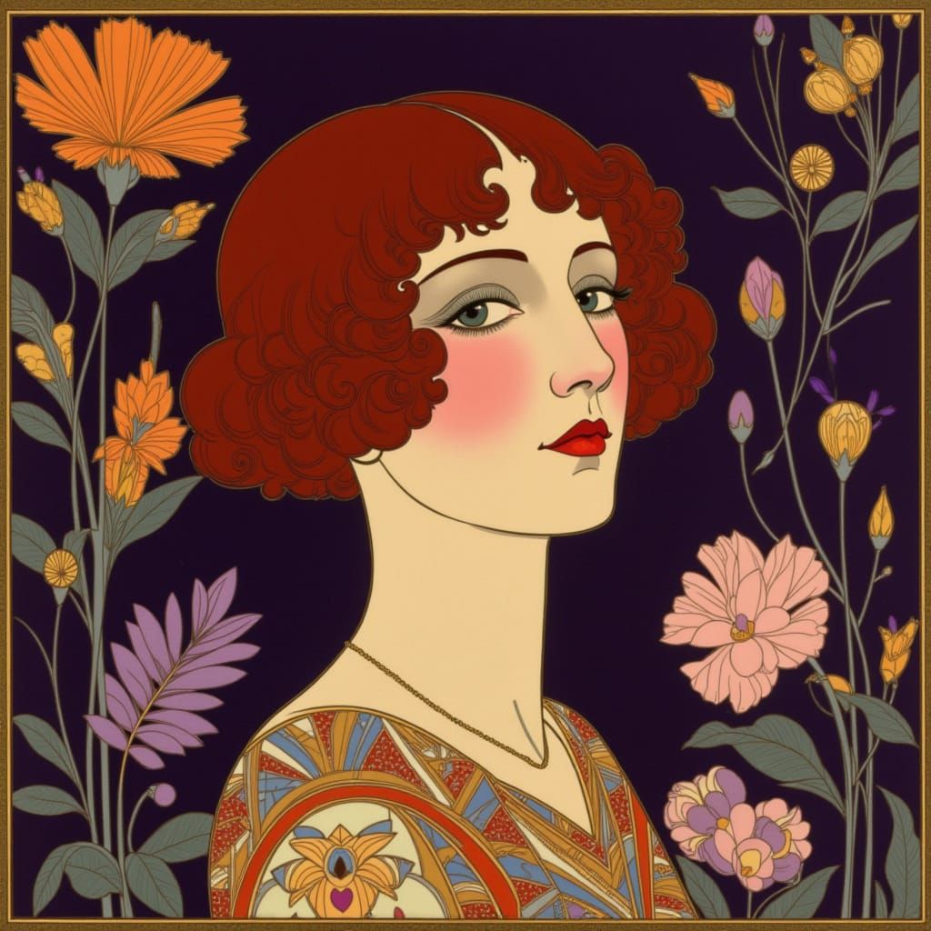 Art Deco Portrait of Woman with Red Hair and Flowers
