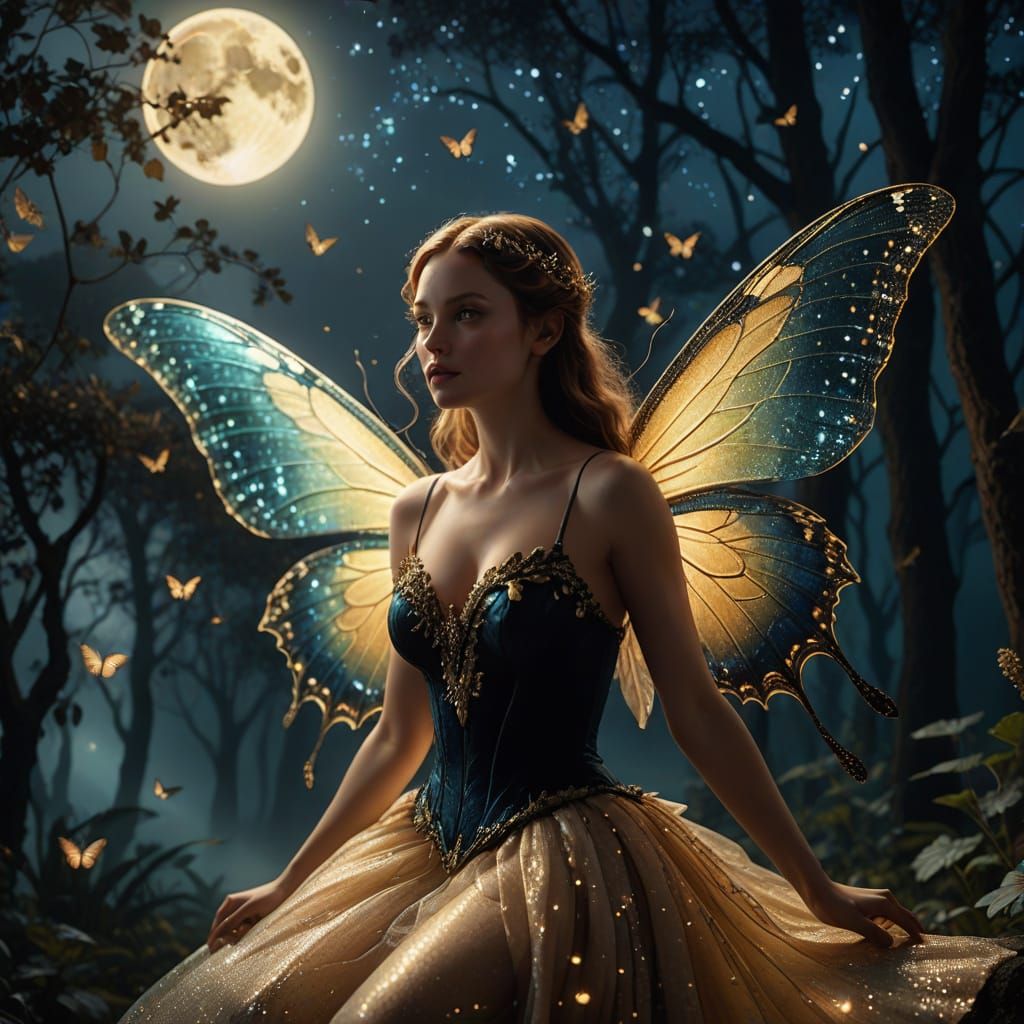 Fairy on Moth in Moonlight: a Digital Art Scene