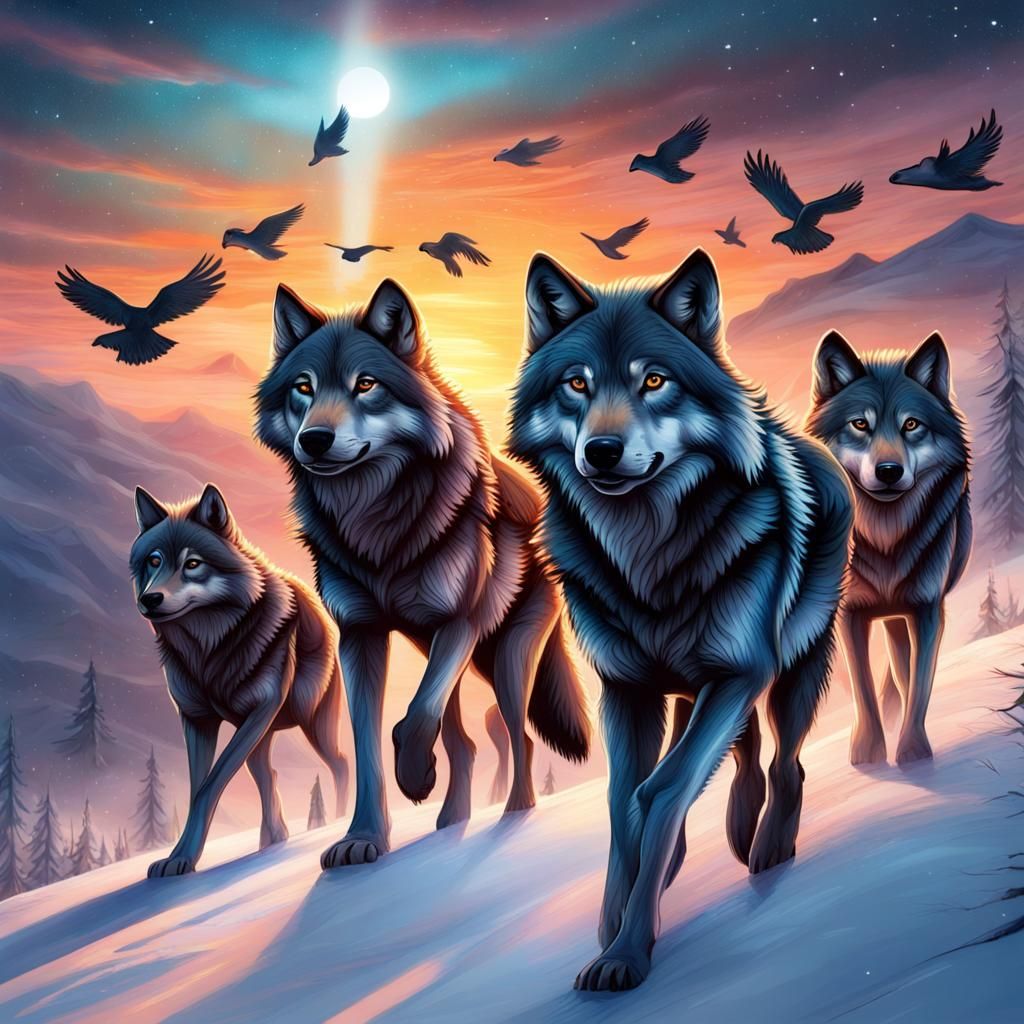 Wolves in Tundra at Sunset: Cosmic Illustration
