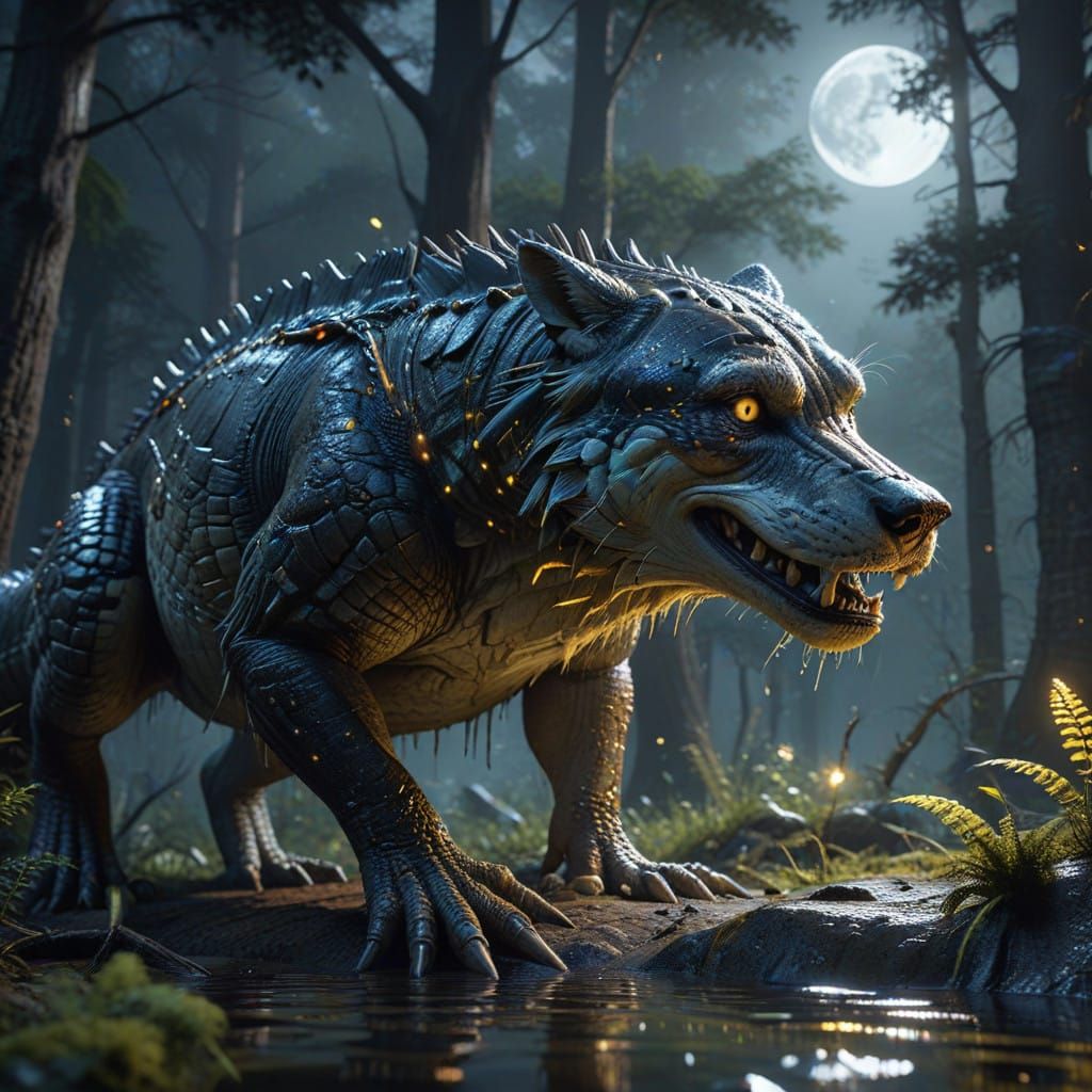 Majestic Wolf Under Full Moon in Fantastical Forest Scene