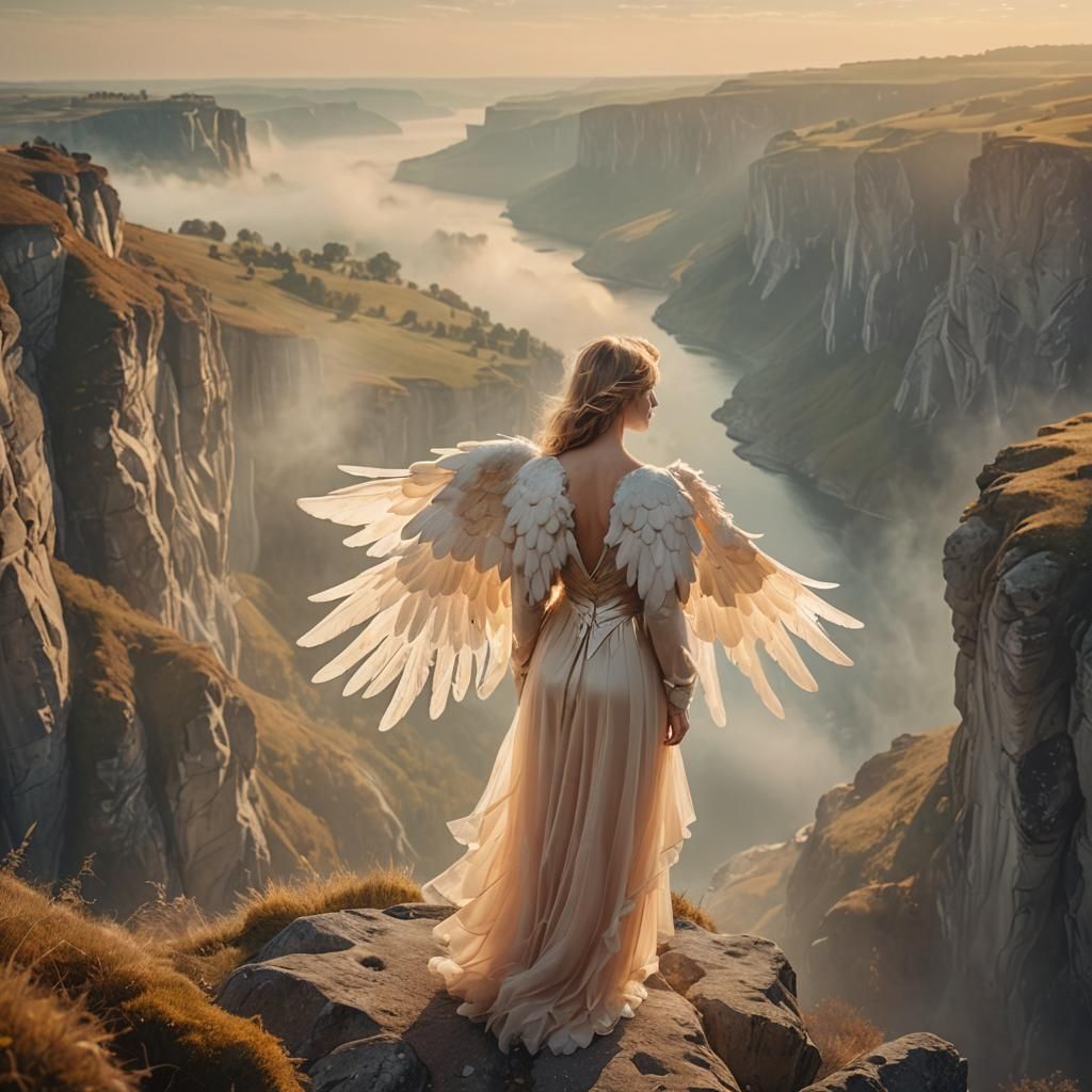 Angel on Cliff Edge in Dreamlike Landscape