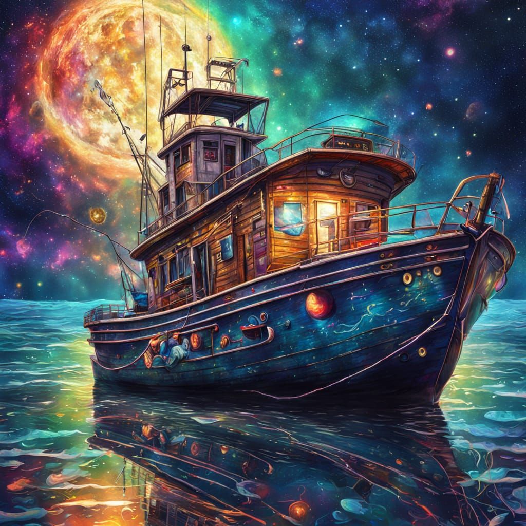 Ethereal Fishing Vessel in Cosmic Waters
