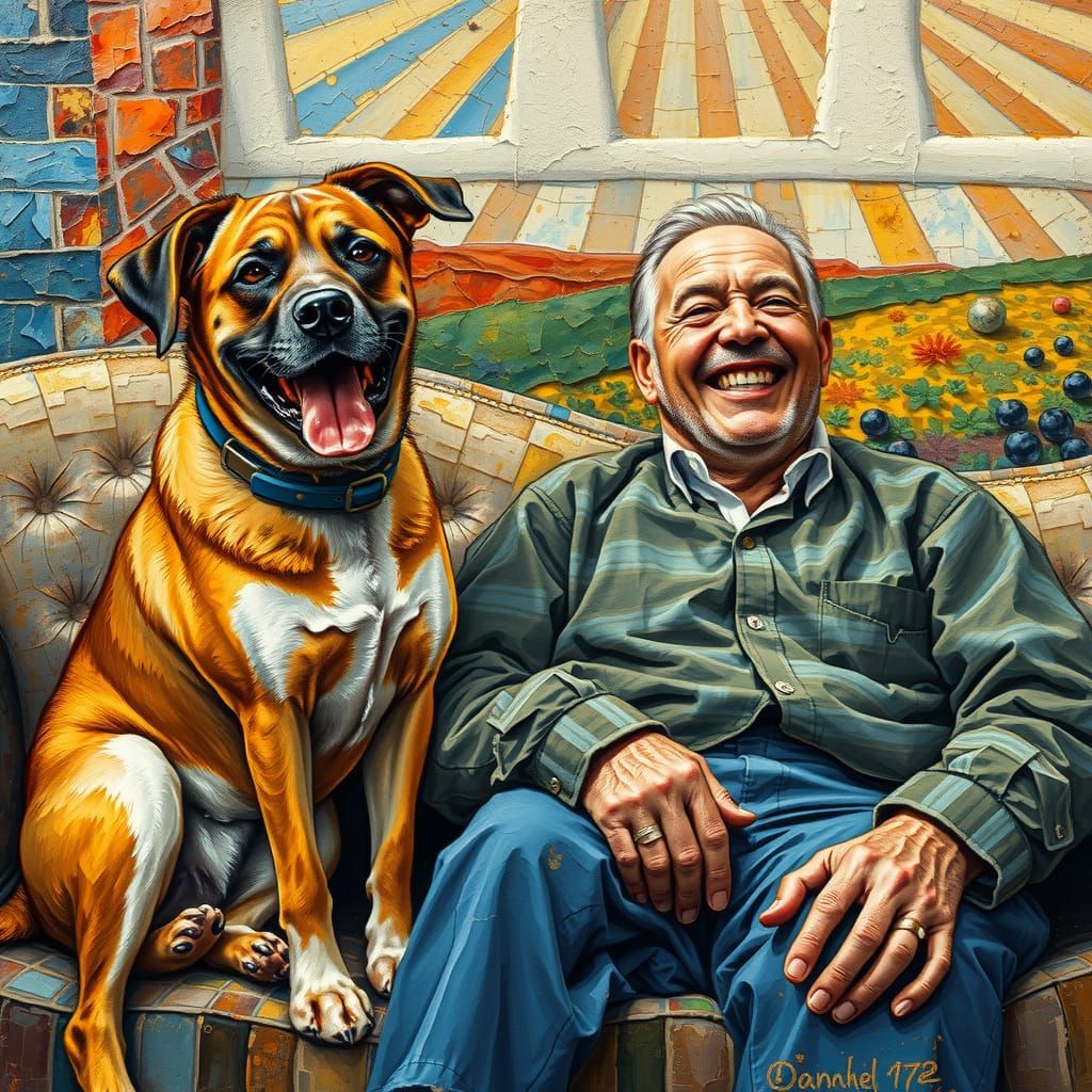 Dog and Laughing Man: Expressionist Oil Painting