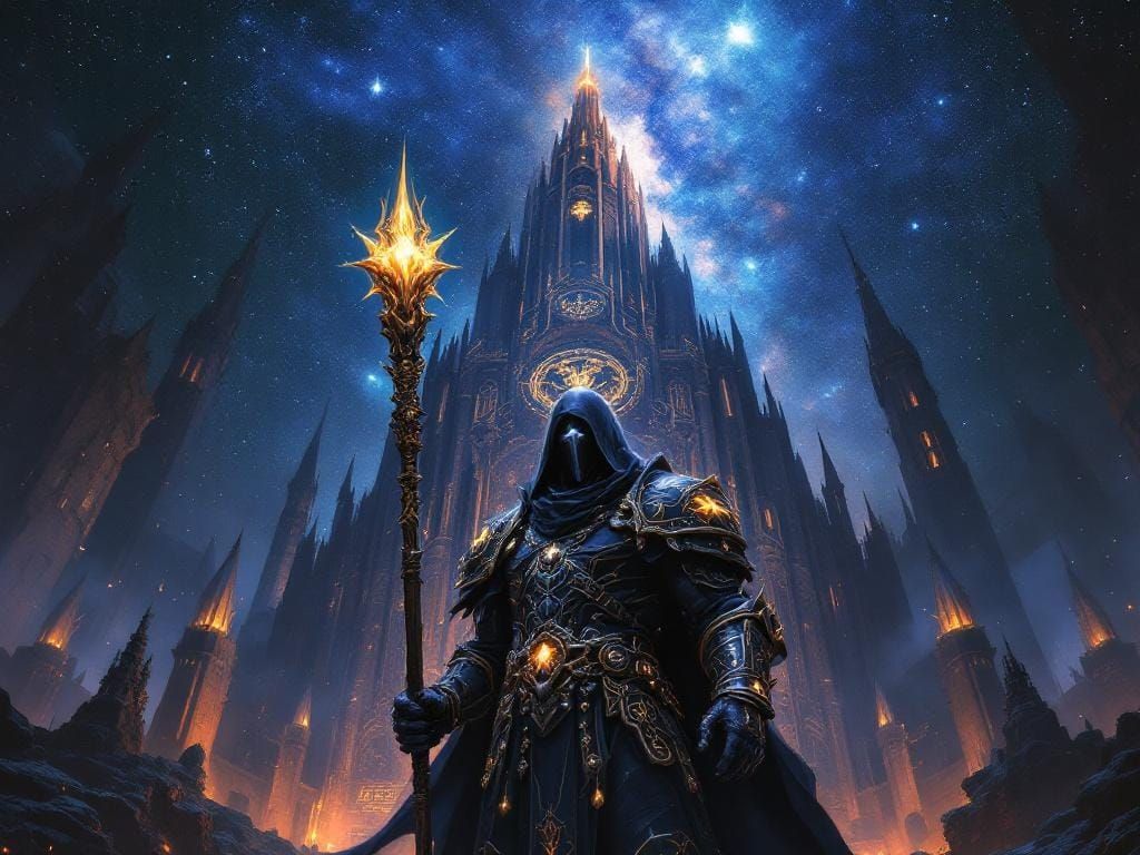 Arcane Priest Guarding Gothic Temple in Starlight