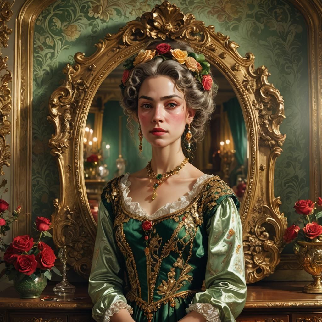 Baroque Woman Portrait with Mirror and Roses