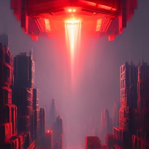 Glowing Red Cube Over City: Dark Fantasy Concept Art
