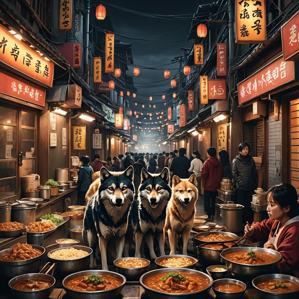 Korean Street Food Stall with Wolves in Matte Painting
