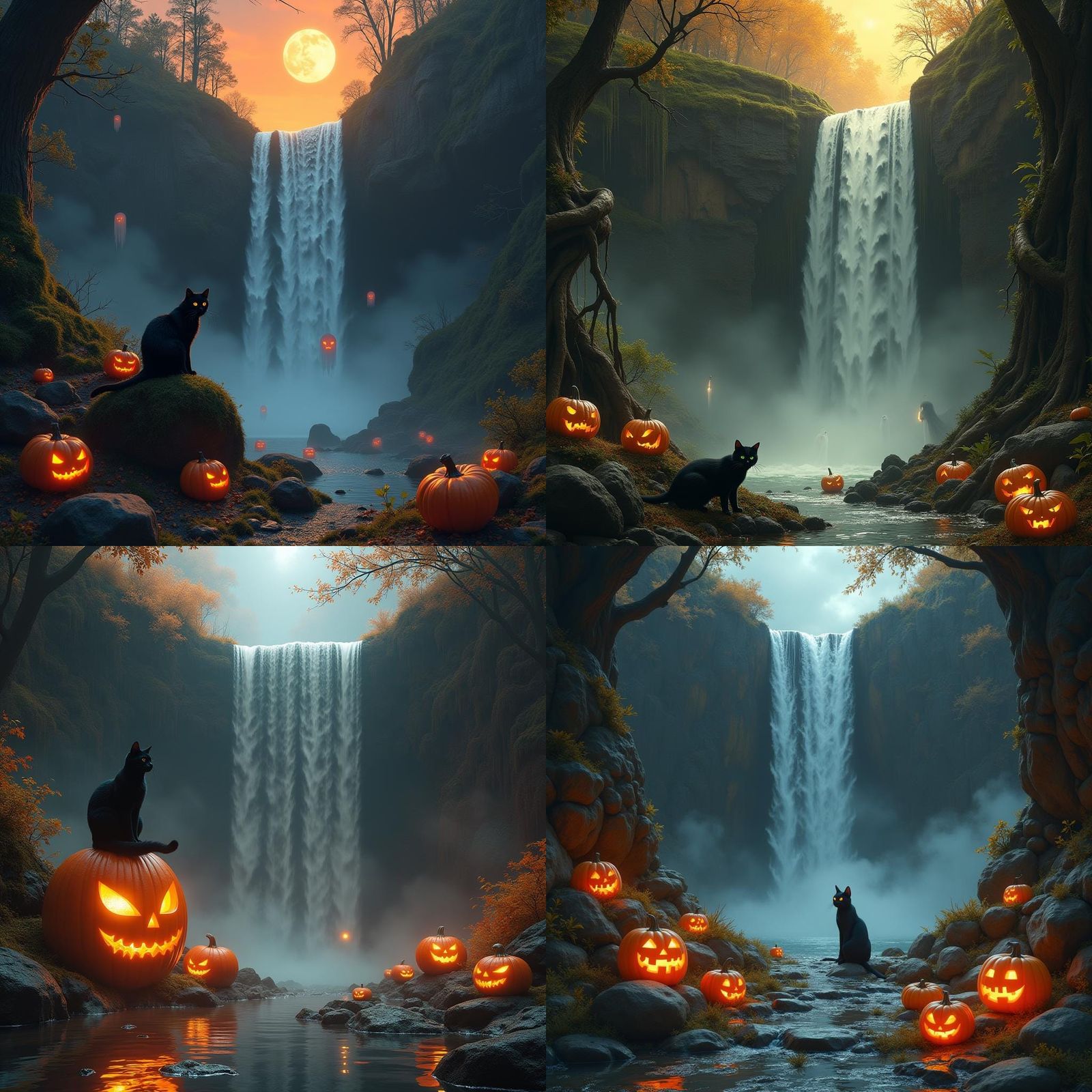 Spooky Orange Waterfall with Pumpkins and Ghosts