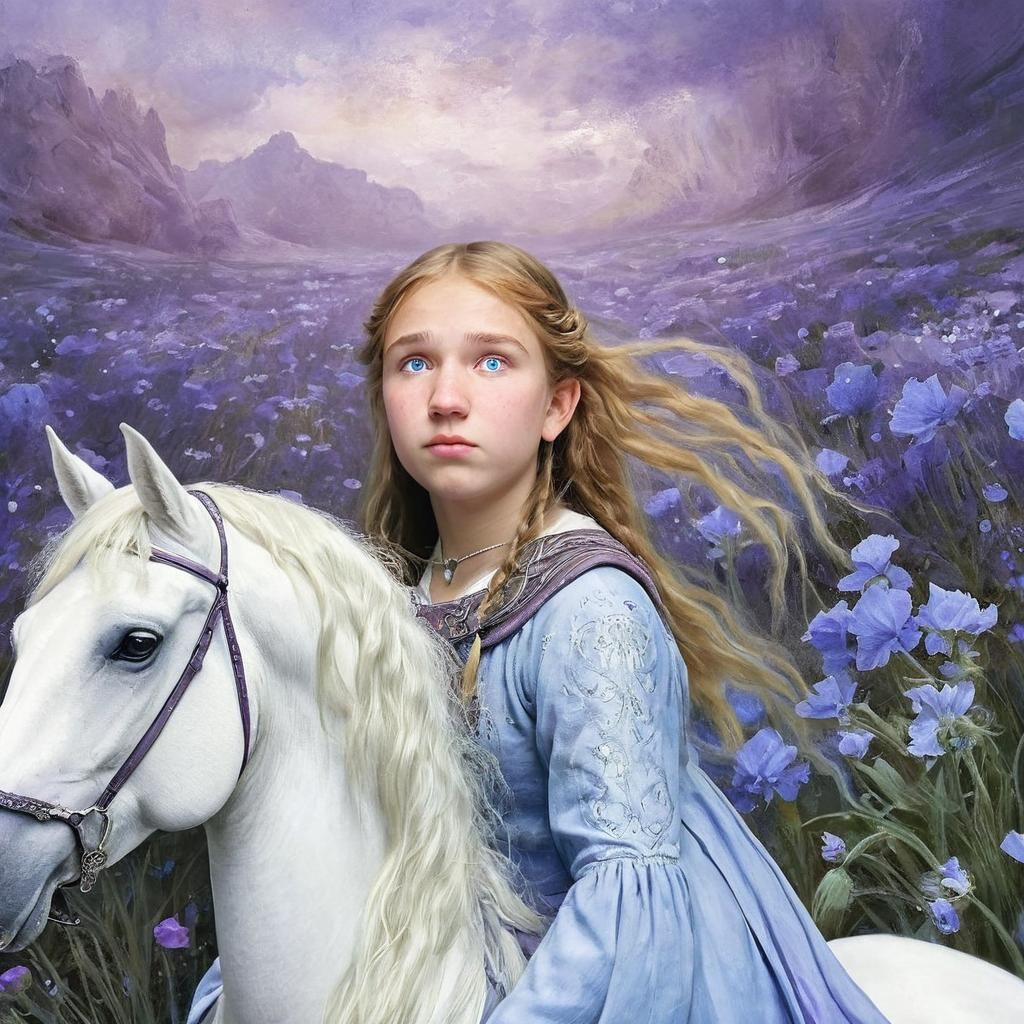 Ethereal Elf on Horseback in Floral Meadow