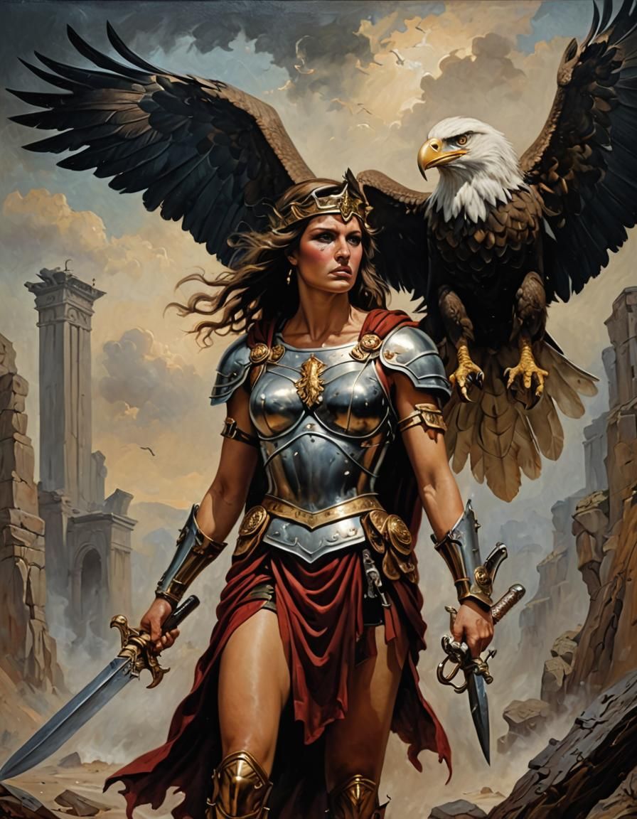 Female Legionnaire and Eagle in Dark Fantasy Oil Painting