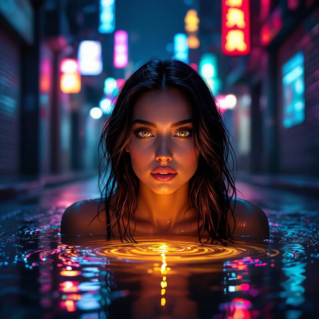Woman in Neon Cyberpunk Alleyway with Amber Eyes