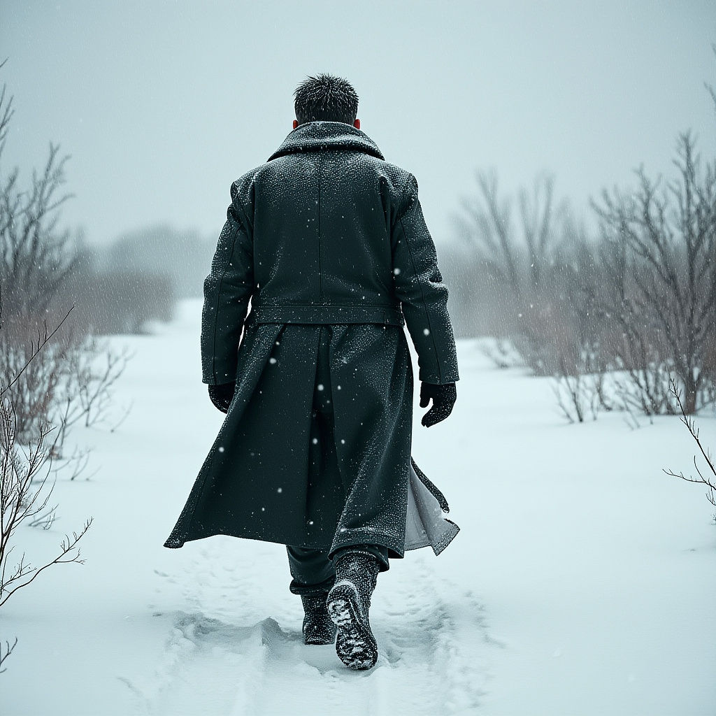 Man in Suit Walking in Snowy, Epic Scene