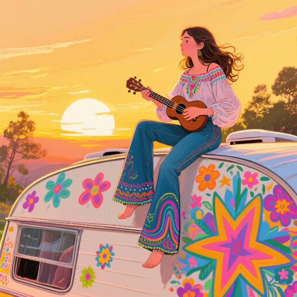 Girl Plays Ukulele on Camper Van Roof at Sunset