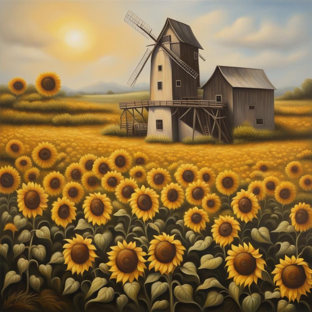Mill in Sunflower Field: Oil Painting Airbrush