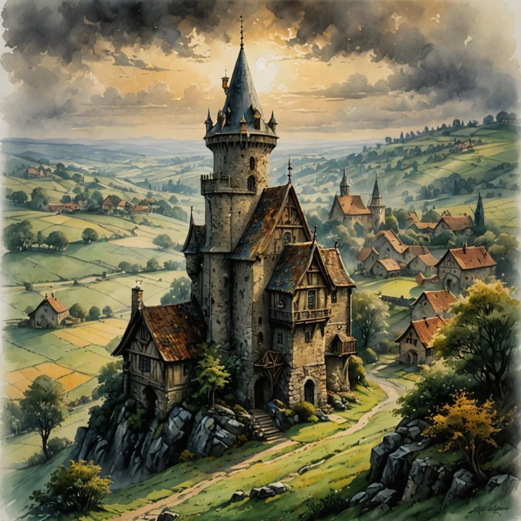 Ethereal Medieval Farmstead with Stone Tower