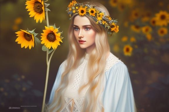 Beautiful Slavic Girl with Sunflowers, Hyperdetailed Portrai...