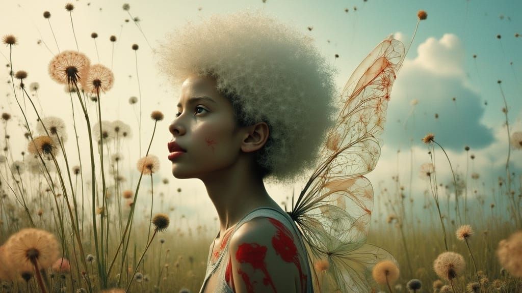 Dandelion Fairy Blowing Wisps in Fantasy Landscape