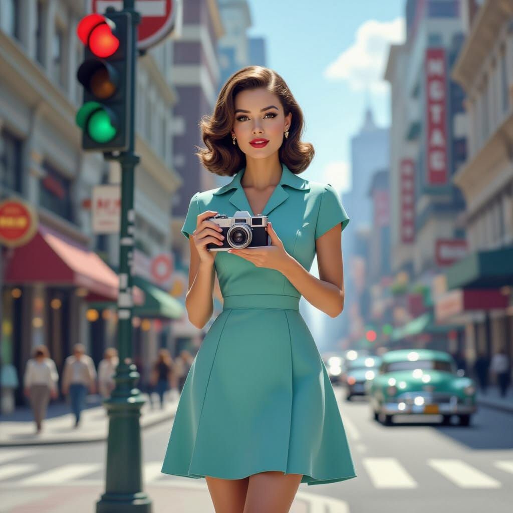 Woman with Vintage Camera on Retro-Futuristic Street