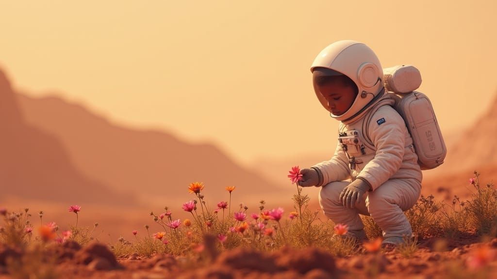 Vibrant Red Planet Oasis in Dusty Martian Landscape