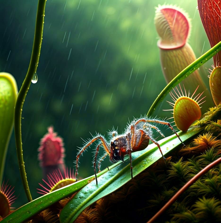 Dew-Covered Spider in Jungle Web: Hyperrealistic Close-Up