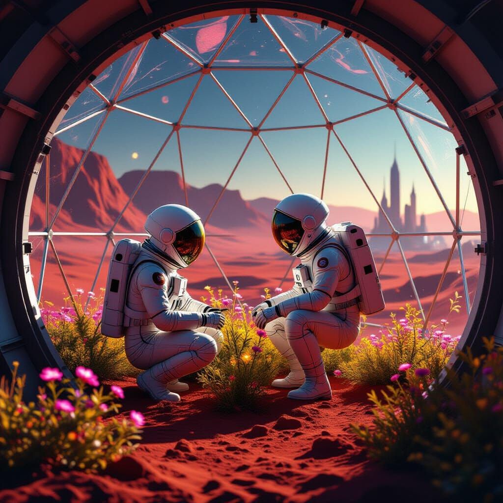 Astronaut Tends Glowing Flora in Martian Dome