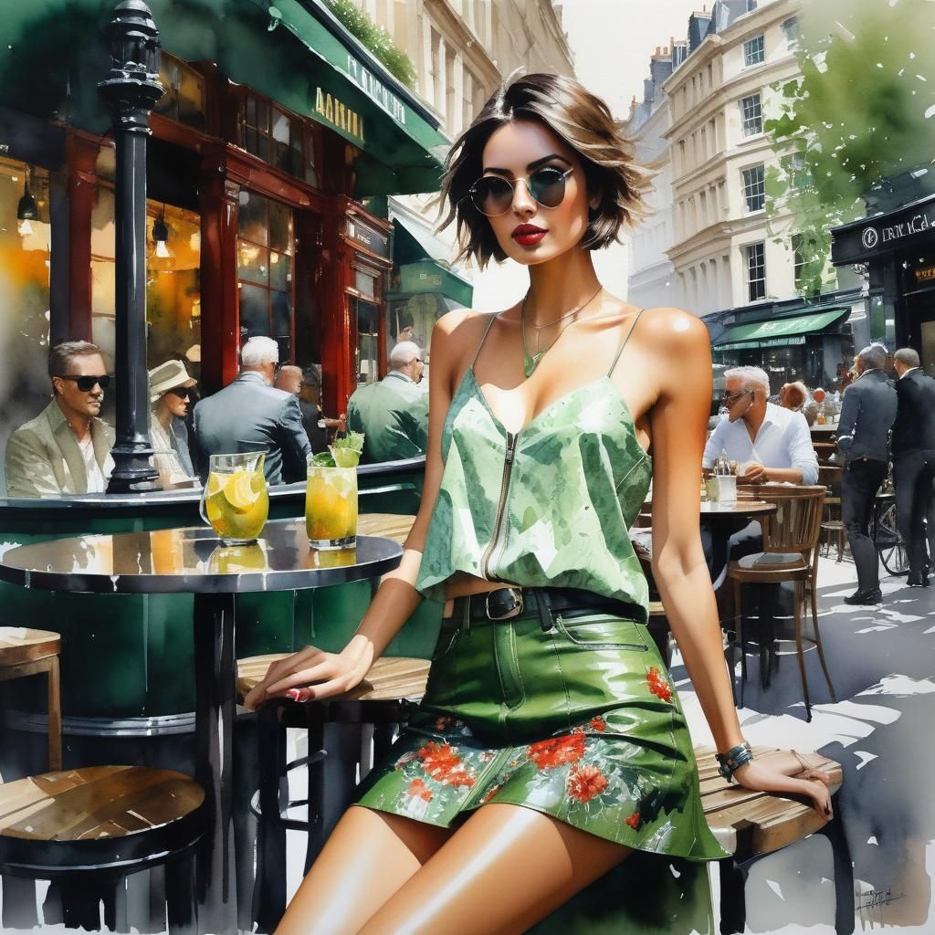 Bohemian Girl at London Cafe, Watercolor Splash Art