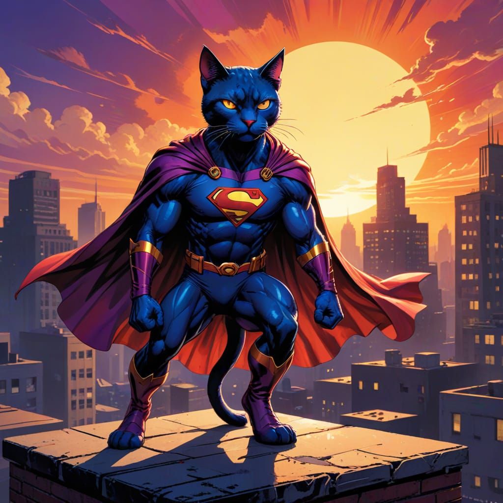 Fierce Feline Superhero Leaps into Sunset
