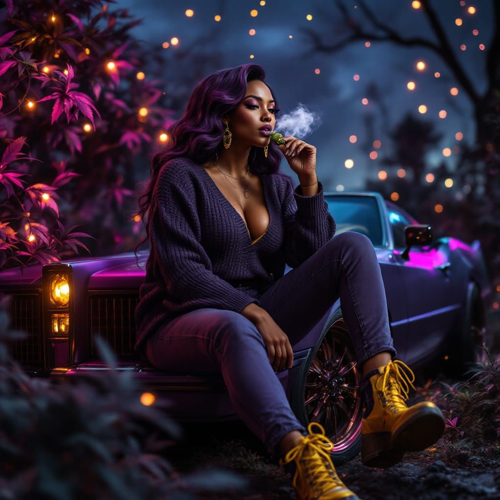 Confident Woman on Purple Cadillac Halloween Night