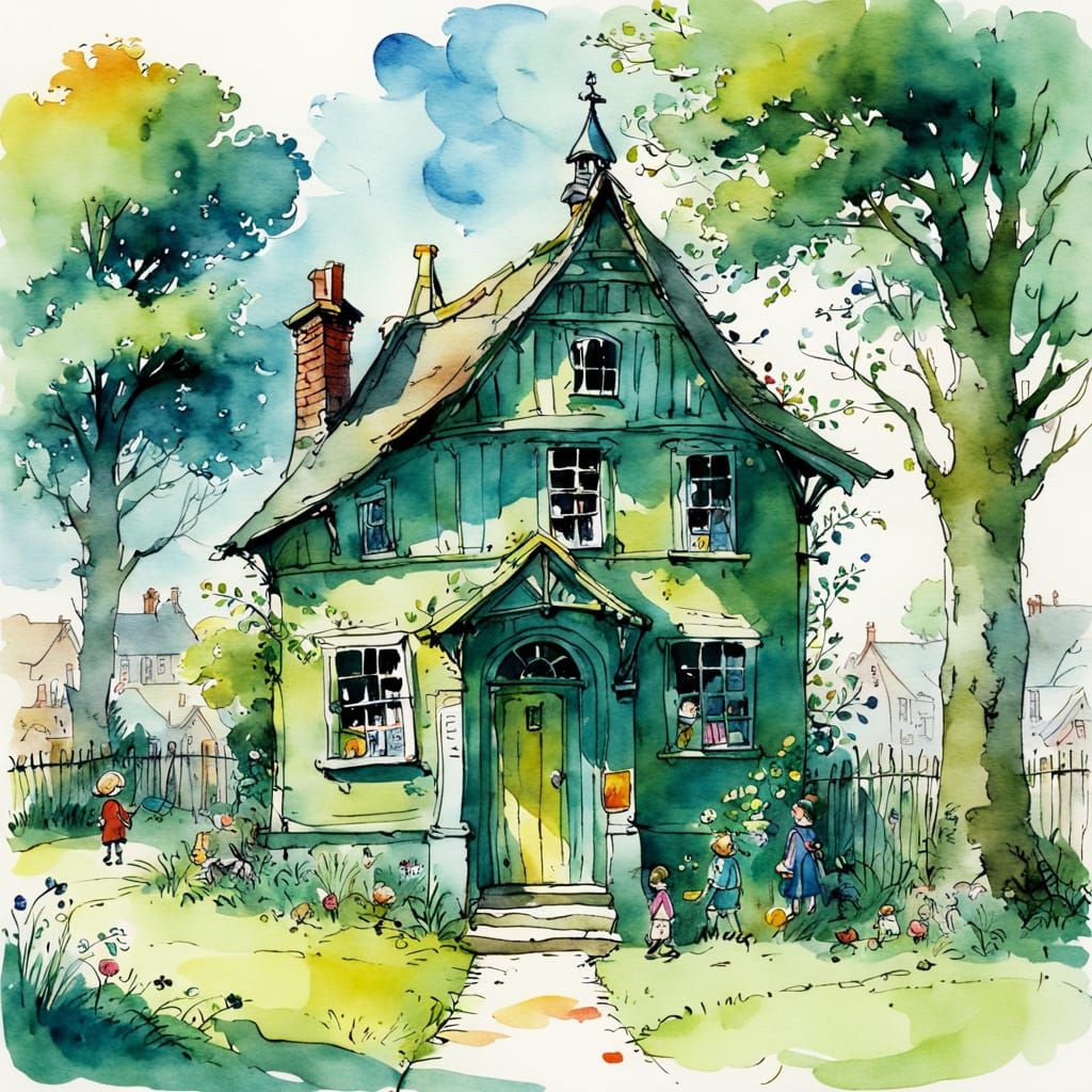 Quentin Blake Style Village Library Watercolour