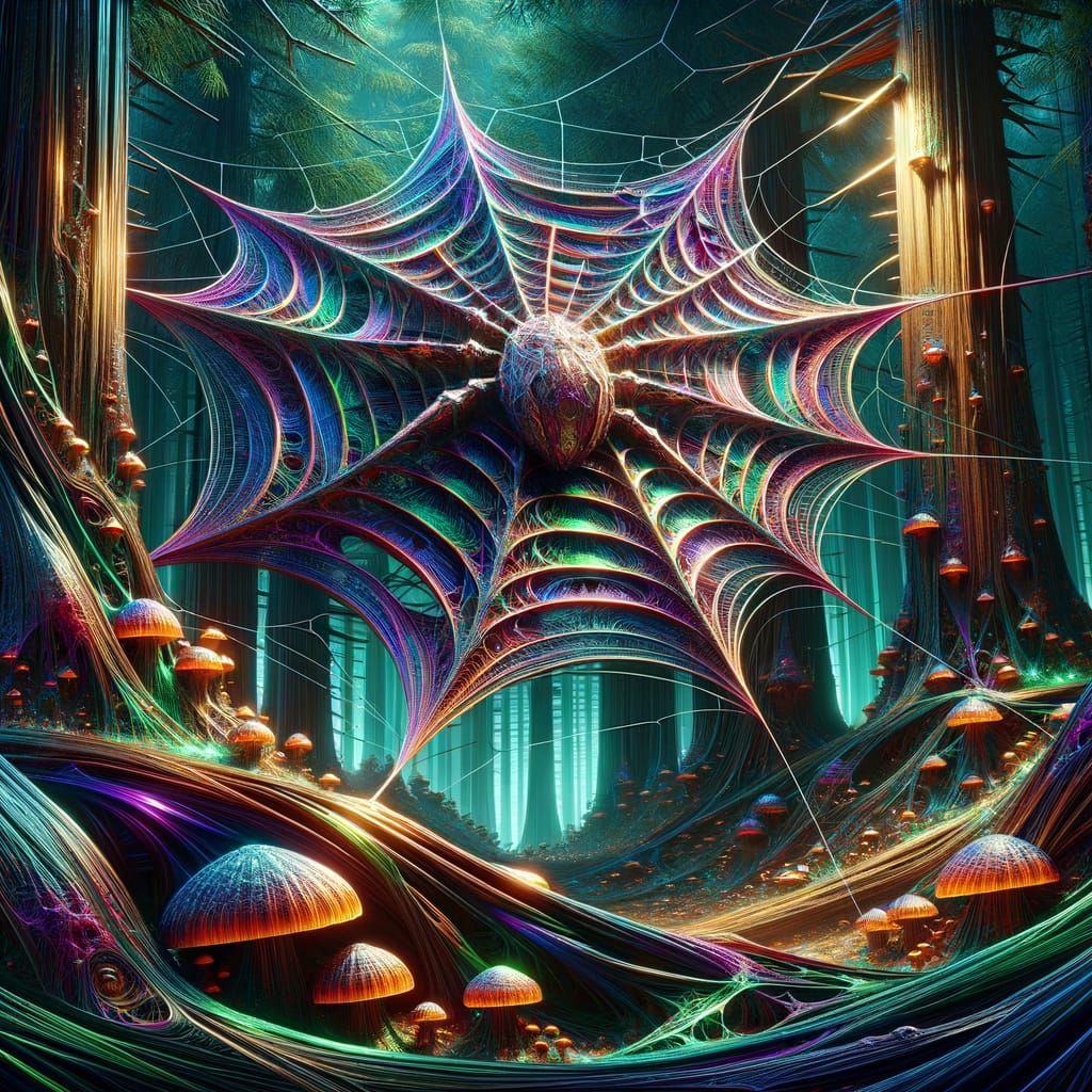 Colossal Iridescent Spiderweb in Mystical Forest