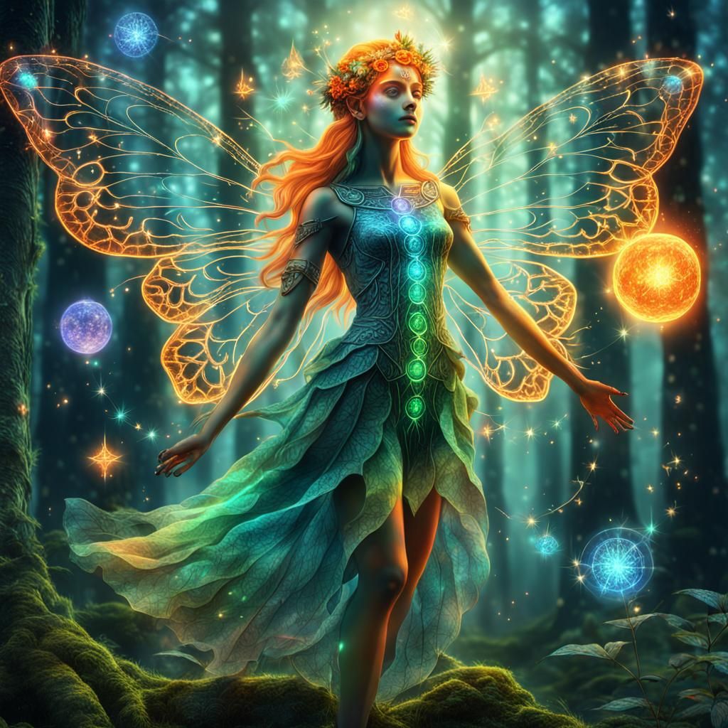 Mystical Forest Scene with Chakra Balancing Fairy