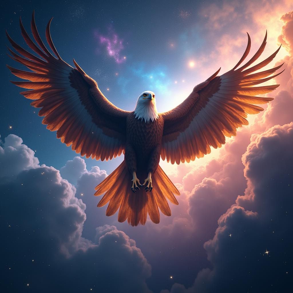 Eagle Soaring Through Luminescent Galaxy in Matte Painting S...