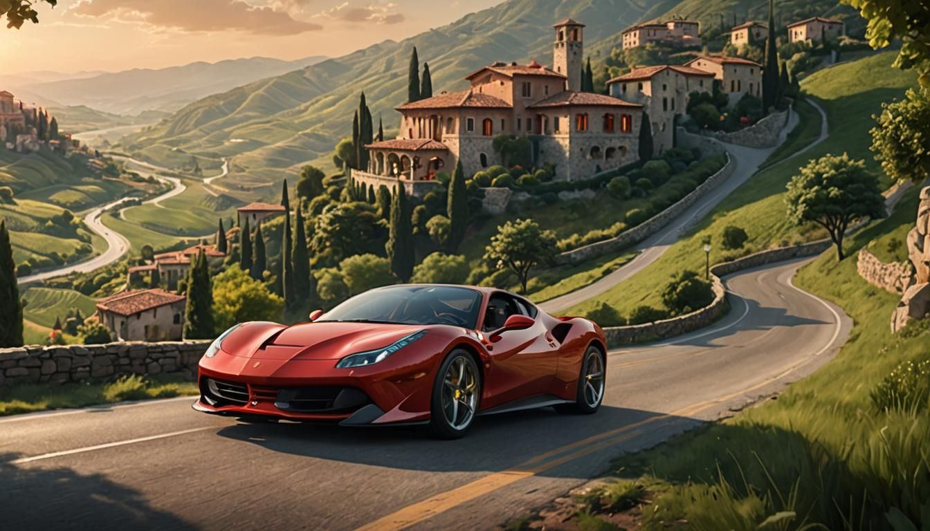 Ferrari Sports Car on Italian Road: Digital Matte Painting
