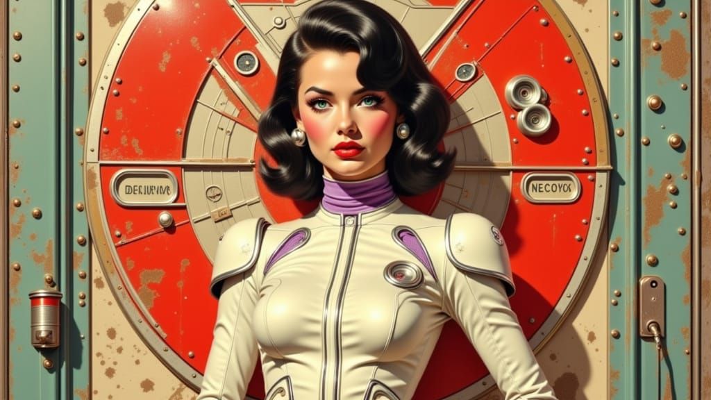 Retro-Futuristic Woman in Space Armor: Vintage Sci-Fi Art