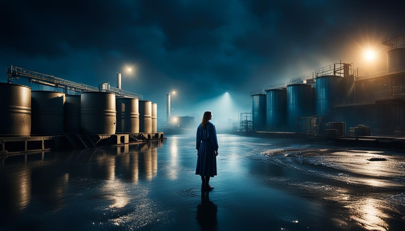 Woman by Industrial Building in Film Noir Style